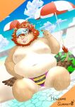  anthro beach beach_chair beach_umbrella belly blep brown_body brown_fur bulge clothing dandelion860 felid food fruit fur hat headgear headwear hi_res inverted_nipples lifewonders lion male mammal melon moobs navel nipples overweight pantherine plant seaside solo speedo swimwear tokyo_afterschool_summoners tongue tongue_out vapula_(tas) visor_cap watermelon wings yellow_eyes 