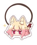  1girl animal_ear_fluff animal_ears blonde_hair blush fox_ears hair_between_eyes hair_bun hair_ornament hair_tie head_only highres kemomimi-chan_(naga_u) looking_at_viewer naga_u original outline purple_eyes simple_background solo sparkle v-shaped_eyebrows white_background white_outline 