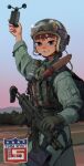  1girl absurdres blue_eyes brown_hair camouflage combat_helmet gloves green_gloves green_jacket green_pants gun h&amp;k_mp5 helmet highres jacket korean_text m18_grenade original pants republic_of_korea_army rifleman1130 smile smoke_grenade solo submachine_gun weapon woodland_camouflage 