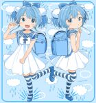  1girl :o absurdres ahoge artist_name backpack bag blue_background blue_bag blue_border blue_eyes blue_footwear blue_hair blue_headwear blue_ribbon blue_theme blue_thighhighs border bow checkered_clothes child cloud cloud_hair_ornament collar collared_dress dot_nose dress dress_ribbon fang flat_chest floating_clothes floating_hair frilled_collar frills from_side hair_bow highres holding_strap light_blue_hair light_blush long_hair looking_at_viewer looking_back mary_janes multiple_views nagomurasan open_mouth original rain randoseru ribbon shoes short_sleeves short_twintails shoulder_strap sidelocks smile solo splashing standing standing_on_one_leg striped striped_thighhighs thighhighs twintails victory_pose water_drop_hair_ornament white_dress white_thighhighs zettai_ryouiki 