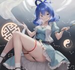  1girl :d ass blue_dress blue_hair breasts commentary_request constellation constellation_request dress feet_out_of_frame grin hair_ornament hair_rings hair_stick holding holding_stick kaku_seiga light_blush long_hair looking_at_viewer medium_breasts puffy_short_sleeves puffy_sleeves short_sleeves smile solo stick teeth touhou user_etvy5288 vest white_vest yin_yang 