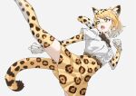  1girl animal_ear_fluff animal_ears belt black_bow black_bowtie blonde_hair bow bowtie center_frills clenched_hand commentary elbow_gloves extra_ears frills from_side fur_collar gloves gradient_background gradient_hair grey_background high-waist_skirt high_kick jaguar_(kemono_friends) jaguar_ears jaguar_girl jaguar_print jaguar_tail kemono_friends kicking multicolored_hair open_mouth print_gloves print_skirt print_thighhighs shirt short_hair short_sleeves simple_background skirt solo tail tanabe_(fueisei) teeth thighhighs upper_teeth_only white_hair white_shirt yellow_eyes zettai_ryouiki 