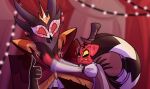  annoyed anthro cash_buckzo clothed clothing duo feathers grey_body grey_feathers happy humanoid humor male mlavieer paimon_(helluva_boss) red_body red_eyes red_skin strangling yellow_eyes 