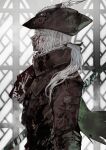  1girl absurdres blood blood_on_clothes blood_on_face bloodborne brown_coat brown_headwear coat from_side half-closed_eye hat hat_feather highres lady_maria_of_the_astral_clocktower long_hair long_sleeves park_ongjol ponytail profile scarf solo sword torn_clothes torn_scarf tricorne weapon window 