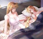  3girls bed blonde_hair breasts brown_hair closed_eyes couple fate_testarossa happy headpat highres lying lyrical_nanoha mahou_shoujo_lyrical_nanoha mother_and_daughter multiple_girls pillow purple_eyes sleeping smile sougetsu_izuki takamachi_nanoha vivio yuri 