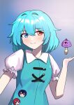  1girl blue_eyes blue_hair closed_mouth commentary_request cross-laced_clothes heterochromia highres houjuu_nue karakasa_obake looking_at_viewer one-hour_drawing_challenge qinyuzhen red_eyes sekibanki short_hair short_sleeves smile solo tatara_kogasa touhou umbrella upper_body 