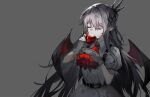  1girl ascot belt black_belt blood closed_eyes commentary cup demon_wings drinking_blood gloves grey_background grey_hair greypidjun hair_between_eyes hair_ornament highres holding holding_cup holding_plate jabot long_hair original plate pointy_ears puffy_short_sleeves puffy_sleeves red_ascot red_jabot short_sleeves simple_background solo symbol-only_commentary vampire very_long_hair wings 