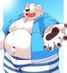  12beat13 2023 anthro bear belly big_belly black_nose blue_eyes blush bottomwear bulge clothed clothing hi_res hoodie humanoid_hands kemono male mammal moobs navel one_eye_closed open_clothing open_hoodie open_topwear overweight overweight_male polar_bear shirane_kan shorts simple_background solo topwear ursine utau wink 