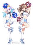  blue_hair brown_hair cheerleader colored_inner_hair commentary_request crop_top earrings furen_e_lustario grey_hair holding holding_pom_poms jewelry kneehighs lize_helesta long_hair multicolored_hair nardack nijisanji official_art pleated_skirt pom_pom_(cheerleading) ponytail purple_eyes red_eyes sample_watermark sidelocks skirt socks standing standing_on_one_leg white_skirt white_socks 