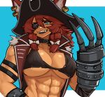  1girl abs animal_ears blue_eyes breasts choker claw_(weapon) collar dark-skinned_female dark_skin earrings eyepatch ezzyecchi hair_ribbon hat highres jewelry large_breasts muscular muscular_female original pirate pirate_hat red_hair ribbon sharp_teeth sleeveless solo tan teeth underboob weapon 