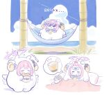  1girl angel_wings animal_costume beach blue_archive blush closed_eyes ekoru food halo highres holding holding_food long_hair mika_(blue_archive) multiple_views ocean open_mouth pink_hair purple_halo runny_nose sheep_costume sleeping snot sunglasses white_wings wings zzz 