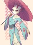  2021 absurd_res animal_crossing anthro asian_clothing blue_clothing blue_kimono blush border breasts cheek_tuft clothed clothing deer dipstick_ears east_asian_clothing eyeshadow facial_tuft female fingerless_(marking) front_view fully_clothed hi_res holding_object holding_umbrella horn japanese_clothing kimono legs_together looking_at_viewer makeup mammal multicolored_ears nintendo obi open_mouth pattern_background pink_eyeshadow portrait red_horn ricky945 shino_(animal_crossing) simple_background small_breasts solo standing tan_border three-quarter_portrait three-quarter_view tuft umbrella wagasa yellow_eyes 