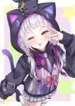  1girl ;p absurdres animal_hood animal_on_head belt blush braid cat cat_hood cat_on_head cat_tail grey_hair headphones headphones_around_neck highres hololive hood hoodie long_hair looking_at_viewer mitsu_3_33 murasaki_shion murasaki_shion_(school_uniform) necktie official_alternate_costume on_head one_eye_closed purple_hood purple_hoodie purple_necktie shiokko_(murasaki_shion) socks tail thigh_belt thigh_strap tongue tongue_out twin_braids v_over_eye virtual_youtuber white_socks yellow_eyes 