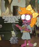  2022 amphibia_(series) amphibian anthro blue_tongue bow_accessory clothing disney english_text female flail frog hair jumpjump melee_weapon orange_hair pink_body pink_skin polly_plantar shirt solo text tongue topwear weapon 