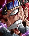  1boy bbdbg03 blood blood_from_eyes blood_from_mouth blood_on_face brown_eyes clenched_teeth eustass_kid goggles highres looking_at_viewer one_eye_closed one_piece portrait red_hair scar scar_across_eye scar_on_face teeth 
