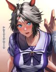  1girl against_wall ahoge animal_ears aqua_eyes arms_at_sides bare_arms black_hair blush bow bowtie breasts collarbone ear_ornament eyelashes fuji_kiseki_(umamusume) hand_on_wall head_tilt highres horse_ears kabedon large_breasts looking_at_viewer medium_hair multicolored_hair nervous nose_blush open_mouth parted_bangs pov pov_hands raised_eyebrows sailor_collar school_uniform shirt short_sleeves solo_focus suwa763 taut_clothes taut_shirt tracen_school_uniform translation_request two-tone_hair umamusume white_hair 