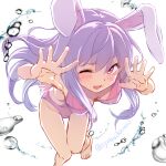  1girl ;d animal_ears arms_up bare_legs barefoot bikini blush breasts commentary_request foot_out_of_frame foreshortening knees_together_feet_apart looking_at_viewer medium_breasts one-piece_swimsuit one_eye_closed open_mouth purple_eyes purple_hair rabbit_ears reisen_udongein_inaba shiroi_karasu simple_background smile solo splashing swimsuit touhou upturned_eyes water white_background 