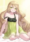  1girl alternate_costume bare_shoulders bed blonde_hair breasts celine_(fire_emblem) collarbone fire_emblem fire_emblem_engage green_eyes hair_between_eyes highres kuro_(be_ok) long_hair looking_at_viewer nightgown on_bed open_mouth sitting small_breasts smile solo strap_slip twitter_username very_long_hair yokozuwari 