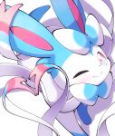  ;) alternate_color animal_focus bow closed_mouth from_above full_body gradient_eyes heart-shaped_hair light_blush long_eyelashes looking_at_viewer looking_up multicolored_eyes no_sclera one_eye_closed pokemon pokemon_(creature) prehensile_bow prehensile_hair ribbon shiny_pokemon simple_background smile solo sparkling_eyes sylveon three_quarter_view white_background yuui_art 