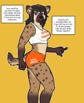  anthro bottomwear breasts brown_body brown_fur brown_hair butt clothed clothing crop_top dallas_(pitfallpup) dialogue female fur hair hi_res hooters hooters_uniform hotpants human hyena looking_at_viewer mammal midriff pitfallpup purple_eyes shirt shorts side_view solo spotted_hyena standing text_box topwear 