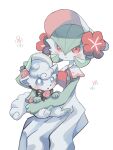  1girl absurdres alolan_vulpix black_bow black_bowtie blue_sclera blush bob_cut bonnet bow bowtie capelet closed_mouth colored_sclera colored_skin commentary_request flat_chest flower gardevoir gardevoir_(fashionable) green_capelet green_hair green_headwear green_skin hair_between_eyes hand_on_another&#039;s_head happy hat hat_flower highres holding holding_pokemon invisible_chair looking_at_viewer mame_(pixiv_57985908) multicolored_skin open_mouth partial_commentary pawpads pink_trim pokemon pokemon_(creature) pokemon_(game) pokemon_unite red_eyes red_flower red_rose rose short_hair simple_background sitting smile two-tone_skin white_background white_capelet white_eyes white_hair white_headwear white_skin 