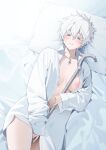  1girl bechu bed_sheet blue_eyes blush breasts cane collared_shirt devil_may_cry_(series) devil_may_cry_5 genderswap genderswap_(mtf) hair_between_eyes highres holding holding_cane large_breasts long_sleeves looking_at_viewer lying naked_shirt navel_piercing nero_(devil_may_cry) nipples on_back on_bed open_clothes open_shirt piercing pillow pussy_juice shirt short_hair sleeves_past_wrists solo spiked_hair sweat white_hair white_shirt 