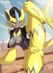  anthro areola blue_eyes blush breasts clothed clothing felid female generation_7_pokemon genitals hi_res legendary_pokemon looking_at_viewer mammal nintendo nipples pokemon pokemon_(species) pussy skykain smile solo tongue yellow_body zeraora 