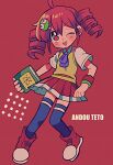  1990s_(style) 1girl ;d ahoge andou_ringo andou_ringo_(cosplay) armband ascot black_thighhighs blush book character_hair_ornament character_name cosplay dress_shirt drill_hair hair_between_eyes hair_ornament hairclip holding holding_book kasane_teto long_hair looking_at_viewer one_eye_closed open_mouth purple_ascot puyopuyo red_armband red_background red_eyes red_footwear red_hair red_skirt retro_artstyle school_uniform shirt skirt smile solo sweater_vest synthesizer_v thighhighs twin_drills twintails utau white_shirt yellow_sweater_vest yuusuke-kun 