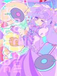  1girl abstract_background blue_bow blunt_bangs blush bow character_name commentary_request crescent crescent_hat_ornament dotted_background dress hair_bow hat hat_ornament holding looking_at_viewer mint_onyo mob_cap one_eye_closed parted_lips patchouli_knowledge purple_eyes red_bow solo touhou wide_sleeves 