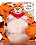  2023 absurd_res anthro belly big_belly blue_nose convenient_censorship english_text felid frosted_flakes hi_res humanoid_hands kellogg&#039;s male mammal mascot moobs moshihun navel nipples orange_body overweight overweight_male pantherine solo text tiger tony_the_tiger white_body 