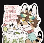  alcohol anthro beverage brown_hair claws clothed clothing english_text eyebrows felid feline fingers hair hi_res inner_ear_fluff luxury_gin male mammal mojito_(drink) pawpads scooter_(luxury_gin) serval solo tail text tuft 