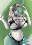  anthro artist_name big_breasts blonde_hair blue_eyes blush bottomwear breasts clothing condom condom_in_mouth female hair head_accessory hi_res huge_breasts ippan_josei joe_julz lingerie multicolored_body my_hero_academia navel object_in_mouth sexual_barrier_device solo teal_body topwear two_tone_body unknown_species wide_hips 