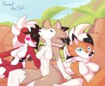  absurd_res anthro breasts dusk_lycanroc featureless_breasts female fernanduush generation_7_pokemon group hi_res lycanroc midnight_lycanroc nintendo nude open_mouth open_smile pokemon pokemon_(species) sitting smile trio 