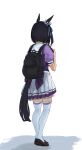  1girl absurdres animal_ears backpack bag black_footwear black_hair bow commentary_request eishin_flash_(umamusume) facing_away from_behind full_body hand_up highres horse_ears horse_girl horse_tail loafers pleated_skirt puffy_short_sleeves puffy_sleeves purple_bow purple_shirt shadow shirt shoes short_sleeves simple_background skirt solo standing tail thighhighs umamusume white_background white_skirt white_thighhighs yama_zakii 