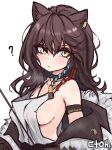  1girl ? animal_ears arknights artist_name blush braid breasts brown_hair brown_jacket closed_mouth collarbone ctoh_(chewandhamper) dress fur-trimmed_jacket fur_trim highres jacket jewelry long_hair looking_at_viewer lunacub_(arknights) medium_breasts mole mole_on_arm necklace open_clothes open_jacket side_braid sideboob simple_background solo upper_body white_background white_dress wolf_ears yellow_eyes 