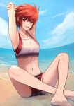  1girl :d armpits arms_behind_head beach blue_sky crossed_legs fire_emblem fire_emblem_fates hair_between_eyes highres hinoka_(fire_emblem) labebebe_lee looking_at_viewer navel ocean open_mouth red_eyes red_hair short_hair sitting sky smile solo swimsuit 