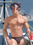  1boy abs absurdres alternate_costume arknights bara black_hair black_male_swimwear boat brown_hair bulge chong_yue_(arknights) dragon_boy dragon_horns dragon_tail highres horns large_pectorals long_hair looking_to_the_side male_focus male_swimwear miyuame_(myame0719) multicolored_hair muscular muscular_male navel nipples ocean pectorals pointy_ears red_eyes solo stomach streaked_hair tail thick_eyebrows topless_male watercraft 