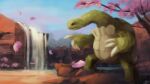  16:9 2020 ambiguous_gender anthro cherry_blossom clawed_fingers detailed_background digital_media_(artwork) green_body hi_res long_neck nico_ching nude outside petals plant reptile rock scalie shell signature sky solo standing tortoise turtle waterfall widescreen 