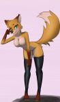  5_fingers anthro bent_over big_breasts breasts canid canine claws clothing countershade_torso countershading digital_media_(artwork) dipstick_ears dipstick_limbs dipstick_tail female fingers fox fur green_eyes hi_res legwear lionblaze275 looking_at_viewer mammal markings multicolored_body multicolored_ears multicolored_fur orange_body orange_fur simple_background smile solo tail tail_markings thigh_highs two_tone_body white_body white_fur 