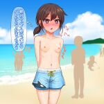  1girl :&lt; arms_behind_back beach blue_male_swimwear blue_sky blush breasts brown_hair cloud collarbone commentary covered_nipples cowboy_shot cumulonimbus_cloud day drawstring embarrassed exhibitionism hair_between_eyes highres hiragishi_midori_(mahorama18) horizon long_hair mahorama18 male_swimwear male_swimwear_challenge mountainous_horizon navel nervous nose_blush ocean open_mouth original outdoors people public_indecency red_eyes sand short_ponytail silhouette sky small_breasts solo_focus standing swim_trunks thought_bubble topless translated waves 