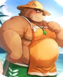  anthro apron beach bear belly blush bottomwear brown_body brown_fur clothing eyewear fur glasses hat headgear headwear hi_res japanese_text jewelry lifewonders male mammal metaporin moobs necklace overweight seaside shorts solo straw_hat text tokyo_afterschool_summoners volos 