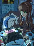  1girl absurdres brown_hair calendar_(object) cellphone doki_doki_literature_club dualsense green_eyes hair_intakes hair_ribbon highres inconvenient_ass keyboard_(computer) long_hair looking_back monika_(doki_doki_literature_club) monitor open_mouth phone playstation_controller pleated_skirt ranmaru_(jackpot_1123) ribbon school_uniform skirt smartphone solo stuck sweat very_long_hair 