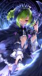  1girl absurdres ahoge alternate_costume black_cape black_nails black_skirt black_thighhighs cape commentary_request cropped_shirt crown curry_bowl delutaya drill_hair feathered_cape frilled_skirt frilled_sleeves frills glowing glowing_eye gothic_lolita green_hair hair_over_one_eye heterochromia highres holding holding_sword holding_weapon indie_virtual_youtuber jewelry lace-trimmed_thighhighs lace_trim lolita_fashion midriff miniskirt multicolored_hair nail_polish pink_hair pleated_skirt red_eyes ring skirt solo streaked_hair sword thighhighs twin_drills twintails virtual_youtuber weapon yellow_eyes 