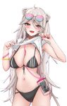  1girl :d ahoge animal_ears ass_visible_through_thighs bikini blush breasts cellphone chromatic_aberration clothes_lift ear_piercing eyewear_on_head fangs grey_eyes grey_hair hair_between_eyes highres hololive large_breasts lion_ears long_hair looking_at_viewer nerorigogo open_mouth phone piercing sagging_breasts shirt shirt_lift shishiro_botan smile solo swimsuit virtual_youtuber white_background 