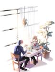  ! 1boy 1girl aoyagi_touya azusawa_kohane black_pants blazer blonde_hair blue_hair cake cake_slice chair closed_eyes commentary_request cup curtains dark_blue_hair food fork full_body hanging_plant highres holding holding_cup indoors jacket kamiyama_high_school_uniform_(project_sekai) long_sleeves miyamasuzaka_girls&#039;_academy_school_uniform mona0101 multicolored_hair neckerchief on_chair open_mouth pants plant potted_plant project_sekai red_neckerchief sailor_collar school_uniform short_hair sitting spoken_exclamation_mark table twintails two-tone_hair 