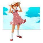  1girl blue_sky bow bowtie brown_hair dress full_body green_eyes hands_on_headwear hat highres kazuki_mai looking_at_viewer mahou_no_star_magical_emi outdoors pink_dress polka_dot polka_dot_dress red_bow red_bowtie red_footwear regain short_hair sky sleeveless sleeveless_dress socks solo standing white_socks 