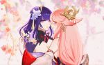  2girls absurdres animal_ears blunt_bangs blurry blurry_background blush breasts cherry_blossoms cleavage couple earrings face-to-face genshin_impact gugugu87420 hair_between_eyes hair_ornament hand_in_another&#039;s_hair highres implied_kiss japanese_clothes jewelry long_hair looking_at_viewer looking_to_the_side multiple_girls off_shoulder pink_hair purple_eyes purple_hair raiden_shogun yae_miko yuri 