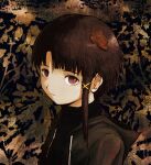  1girl arms_at_sides autumn autumn_leaves black_hoodie black_sweater brown_eyes brown_hair drawstring expressionless from_side hair_ornament highres hood hood_down hooded_jacket hoodie iwakura_lain jacket leaf leaf_background leaf_on_head looking_at_viewer open_clothes open_hoodie open_jacket parted_bangs parted_lips ribbed_sweater sano_(sano45726280) serial_experiments_lain shaded_face single_sidelock solo sweater turtleneck turtleneck_sweater upper_body x_hair_ornament 