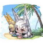  2girls :d animal_ear_fluff animal_ears barefoot beach bikini blonde_hair blue_bikini blue_sky bowl chibi closed_mouth cloud commentary_request day food fox_ears fox_girl fox_tail grey_hair hair_between_eyes highres holding holding_bowl long_hair multiple_girls original outdoors palm_tree pink_bikini profile red_eyes sand shaved_ice sitting sky smile swimsuit tail tree very_long_hair yuuji_(yukimimi) 