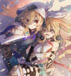  2girls alex_(dragalia_lost) bare_shoulders battlefield blonde_hair clip_studio_paint_(medium) closed_mouth dagger dragalia_lost elisanne hair_between_eyes highres holding holding_dagger holding_knife holding_weapon hood hood_up knife long_hair looking_at_viewer multiple_girls official_alternate_costume one_eye_closed open_mouth pink_hair pokira ponytail red_eyes twitter_username weapon 